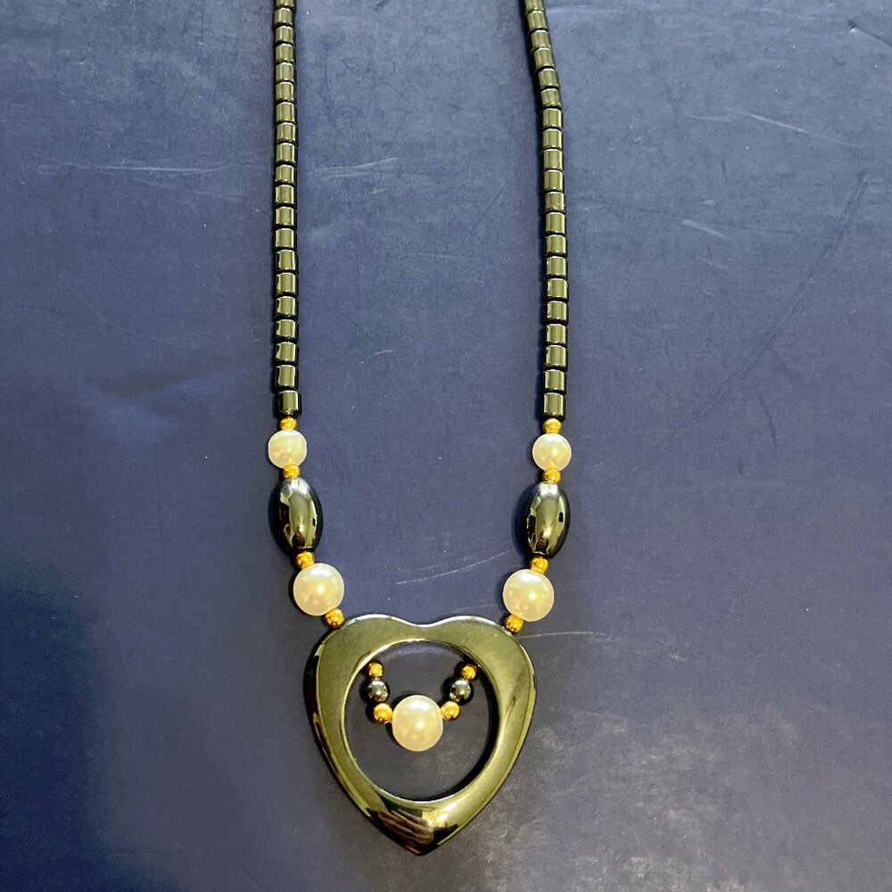 Hematite open heart pendant vintage necklace